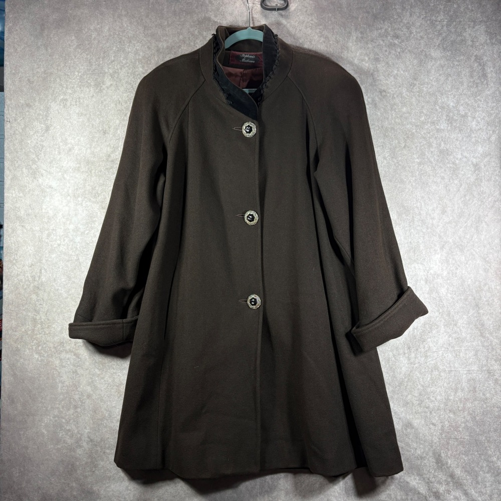 Stephanie Matthews Coat Womens Large Brown Wool Swing Velvet Trim Made In USA